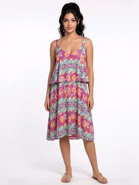 Watermelon Pink Floral Scoop V-neck Yoke Detail Sleeveless Dress Size 1X